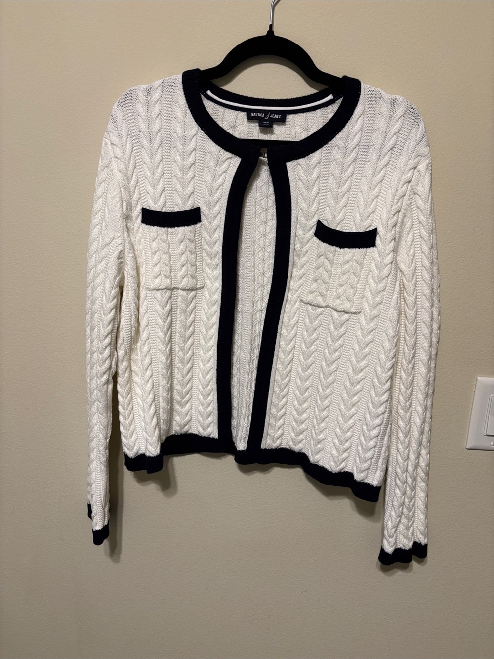 Nautica White Cable-Knit Cardigan with Navy Blue  Trim size large